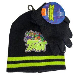 Boys Ninja Turtles Black Green Warm Fall Winter Beanie Toque Hat + Gloves Set